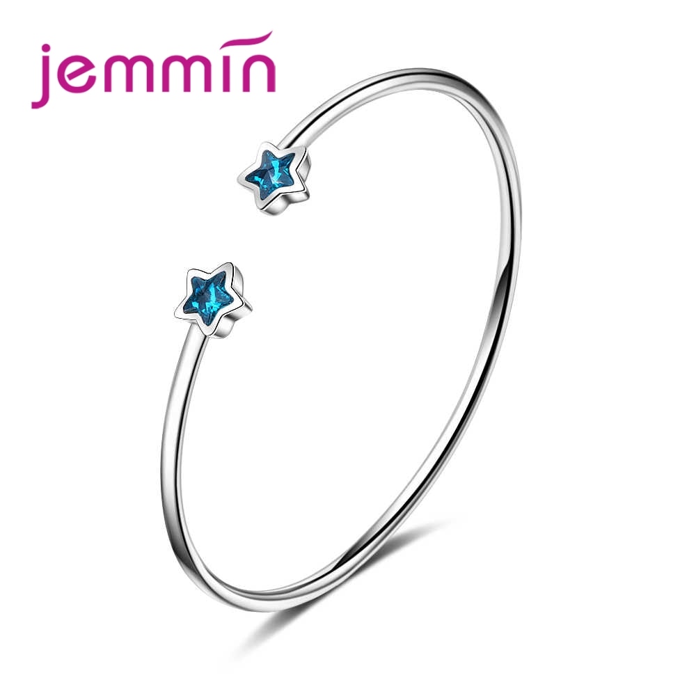 Big Clear Austrian Crystals Student Style Trendy Blue Stars Opening Bangles 925 Sterling Silver Valentine's Gif