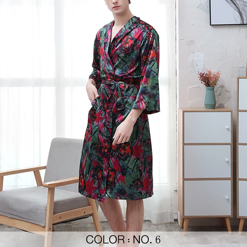 Herre pyjamas morgenkåbe satin silke lang kimono badekåbe nattøj nattøj hjemmetøj blomstret langærmet casual til mænd: Nr. .6 / Xxxl  (80-100kg)