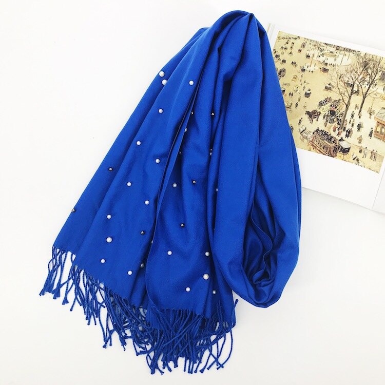 Écharpe de de luxe épais hiver femmes écharpe chaude cachemire étoile perle solide gland châle couverture pour emmailloter Hijab dame écharpe Pashmina: Bleu