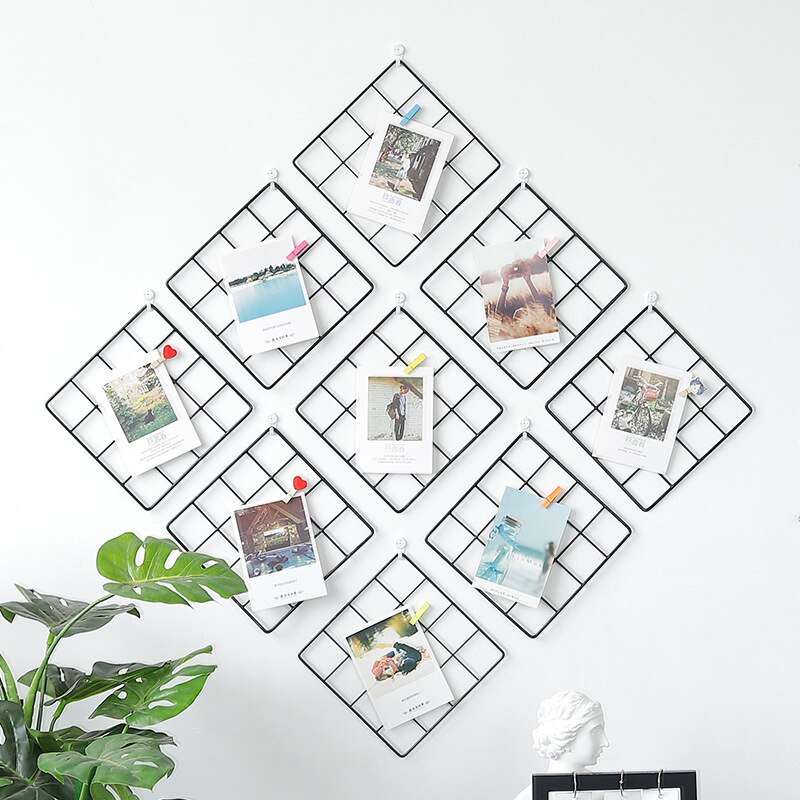 Iron Metal Grid Craft Photo Frame Ins Nordic Style Metal Mesh Grid Wall Frame DIY Photos Wall Pictures Frame Holder Storage