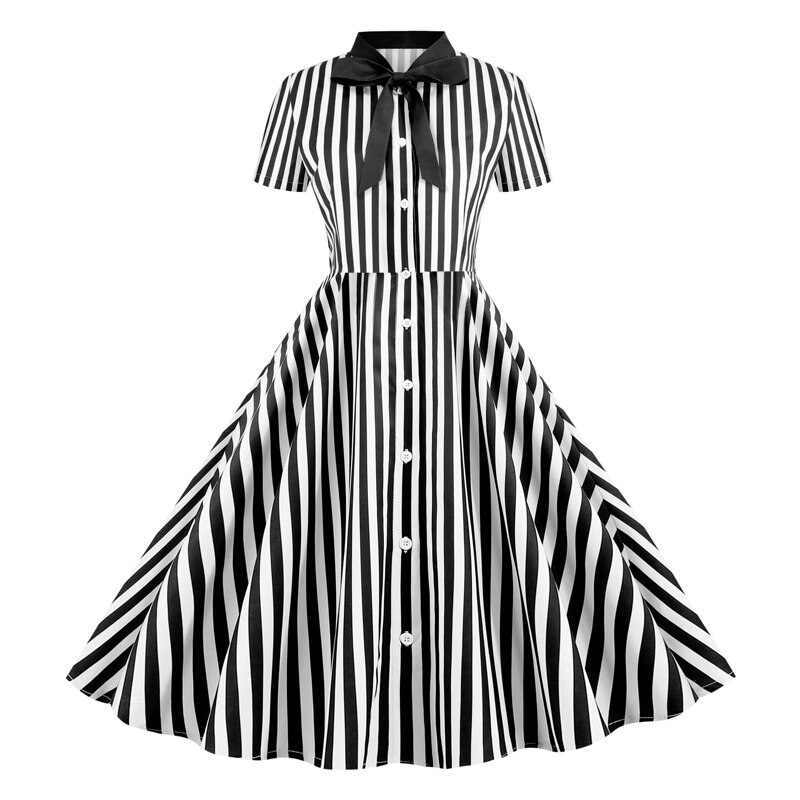 Tonval slips hals stribet vintage kvinder sommer skjorte kjole enkeltradet rockabilly casual swing kjoler: Sorte striber / M