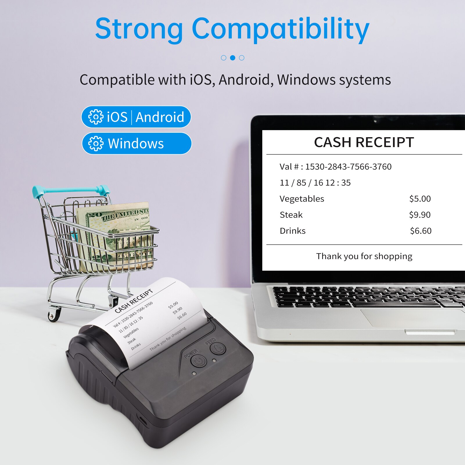 Portable BT 80mm Thermal Receipt Printer Personal Mini Bill POS Mobile Printer with Rechargeable Battery Support ESC/POS