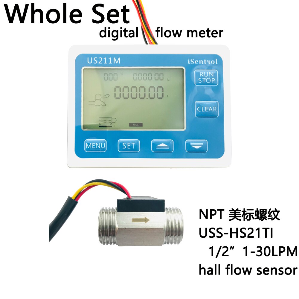 US211M Digital Flow Meter with NPT Thread Flow Sensor USS-HS21TI NPT1/2" DN15 1-30LPM Show Total Current Flow iSentrol: Whole Set