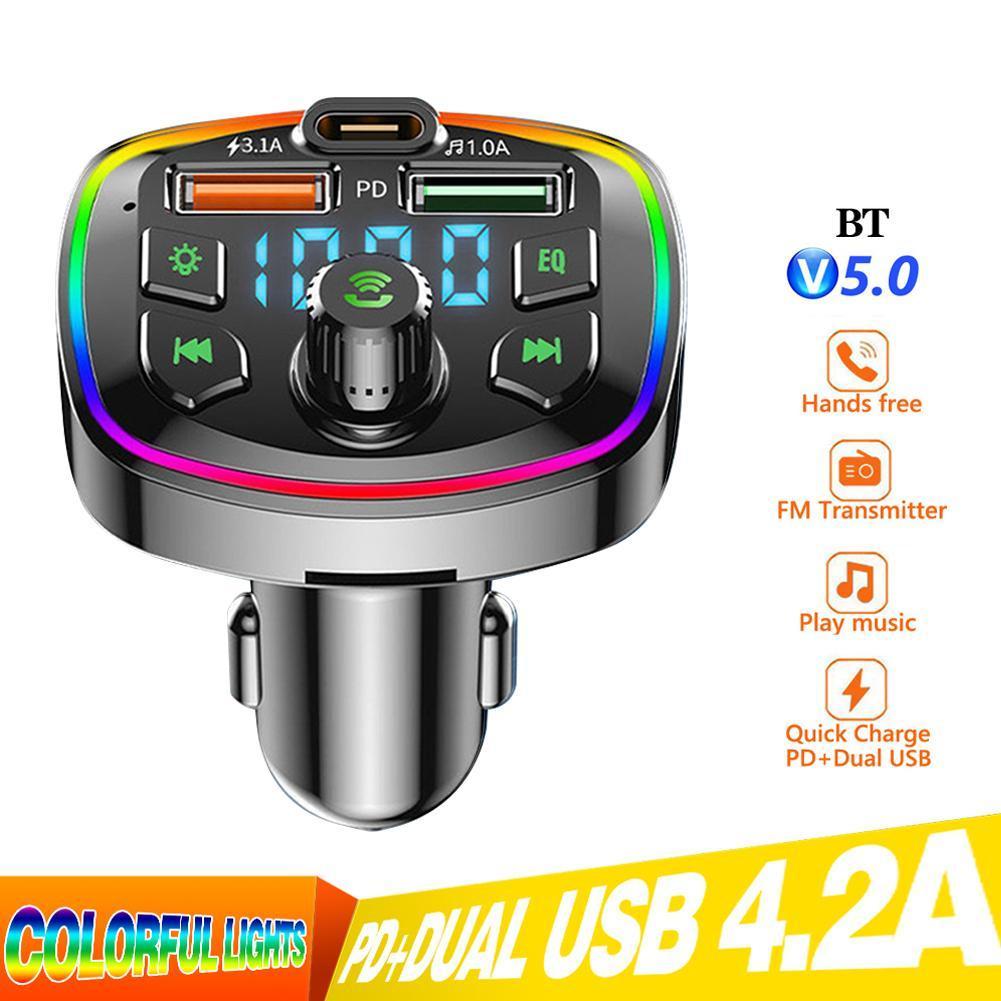 Allume-cigare Bluetooth 5.0 pour voiture, transmetteur FM PD 18W, double USB 4.8A de Type C, lumière ambiante colorée, lecteur de musique MP3