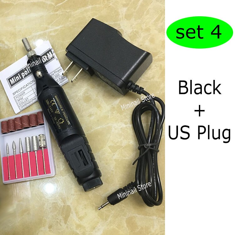 Mini nagelboorset met 6 bits, elektrische boormachines, manicure, stylingtool, pedicure, vijlen, vormgeven, voetverzorgingsproduct: Zwart - amerikaanse stekker