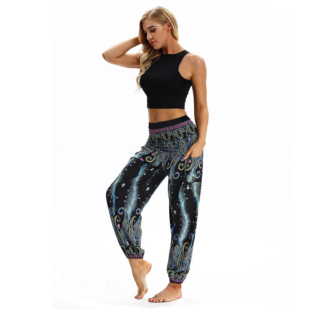 Heren dames losse harembroek dames heren bohemien casual print hippie lange broeken wijde pijpen zomer baggy broek #40: Lichtblauw