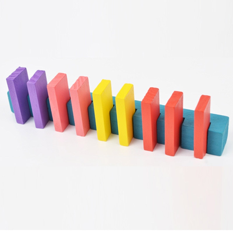 6 stk træ domino mekanisme tilbehørssæt med 1 stk lille placer til domino blokke legetøj
