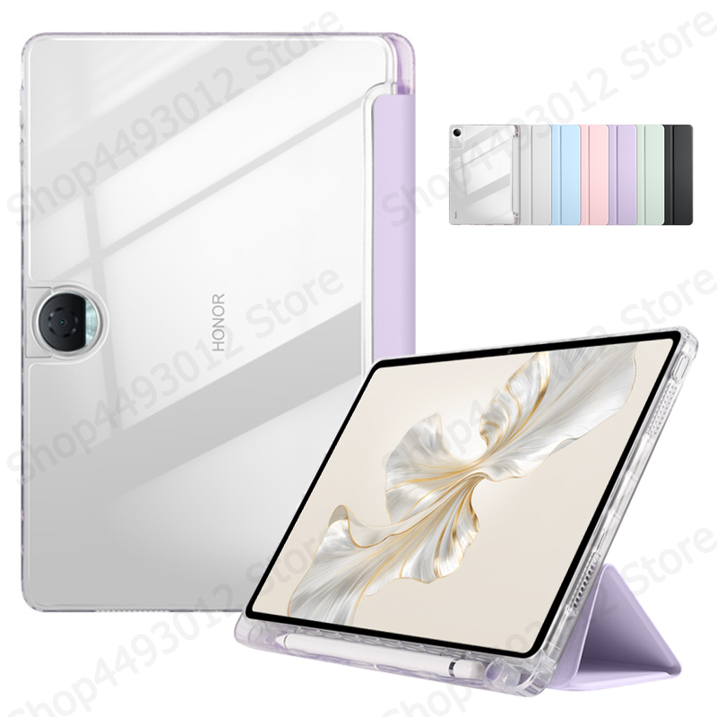 Étui en cuir à trois volets pour Honor Pad 9 12.1 ", coque de tablette à support arrière rigide, étui en acrylique transparent avec porte-stylo, 12.1