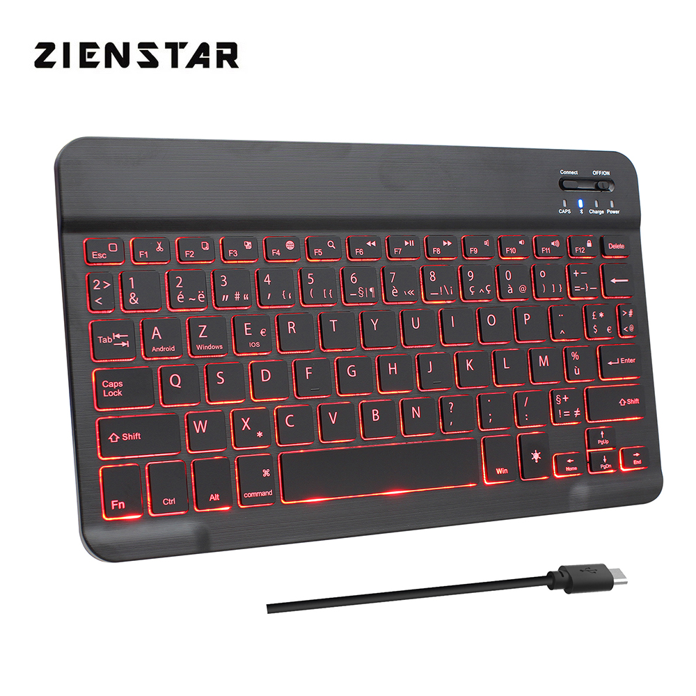 Zienstar 10inch Azerty French Rechargeable Aluminum Wireless Bluetooth Keyboard with 7 Color Backlight Lithium Battery