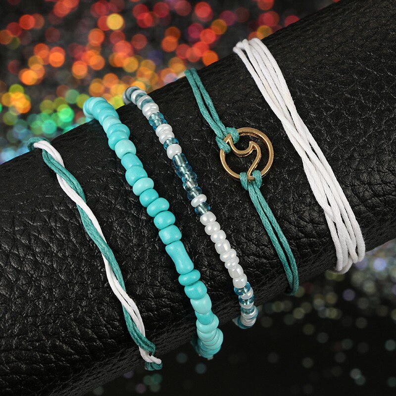 5Pcs Bohemian Beaded Sennit Ankle Bracelets Set Multilayer Wave Charm Knitted Bracelets Women Anklet Foot Jewelry