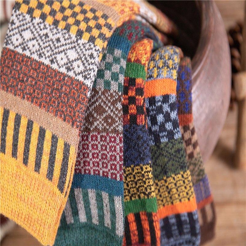 5 par efterår vinter nordiske sokker tyk strikket tovejs farverige patten crew sokker mænd kvinder fortykkede uldsokker