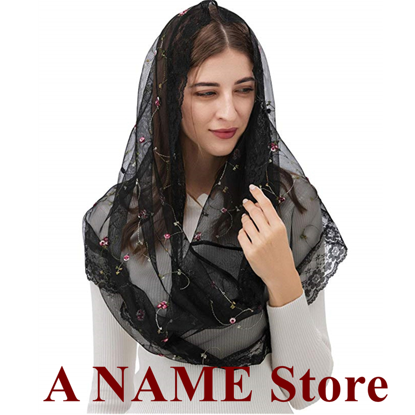 Mantilla – Voile gothique pour église, couvre-chef Rond, pour chapelle de masse latine, Voile noir, dentelle florale brodée