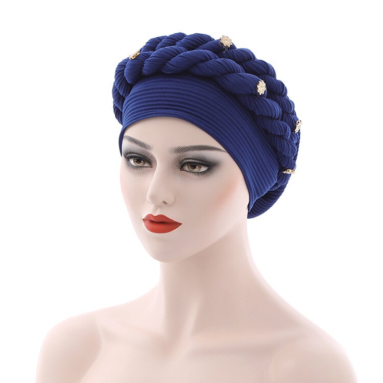 Ready to Wear Aso Oke Gele Turban Woven Messy Linen Crumpled Twist Braid Muslim Hat Robe Africain Headgear Headties Bonnets: Blue