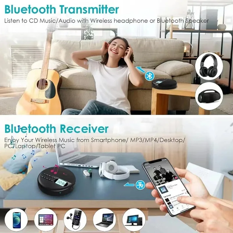Multifunctional cd player, rechargeable two-way bluetooth, 5,0 built-in speakers, usb playback, hifi music on-the-go, shockproof