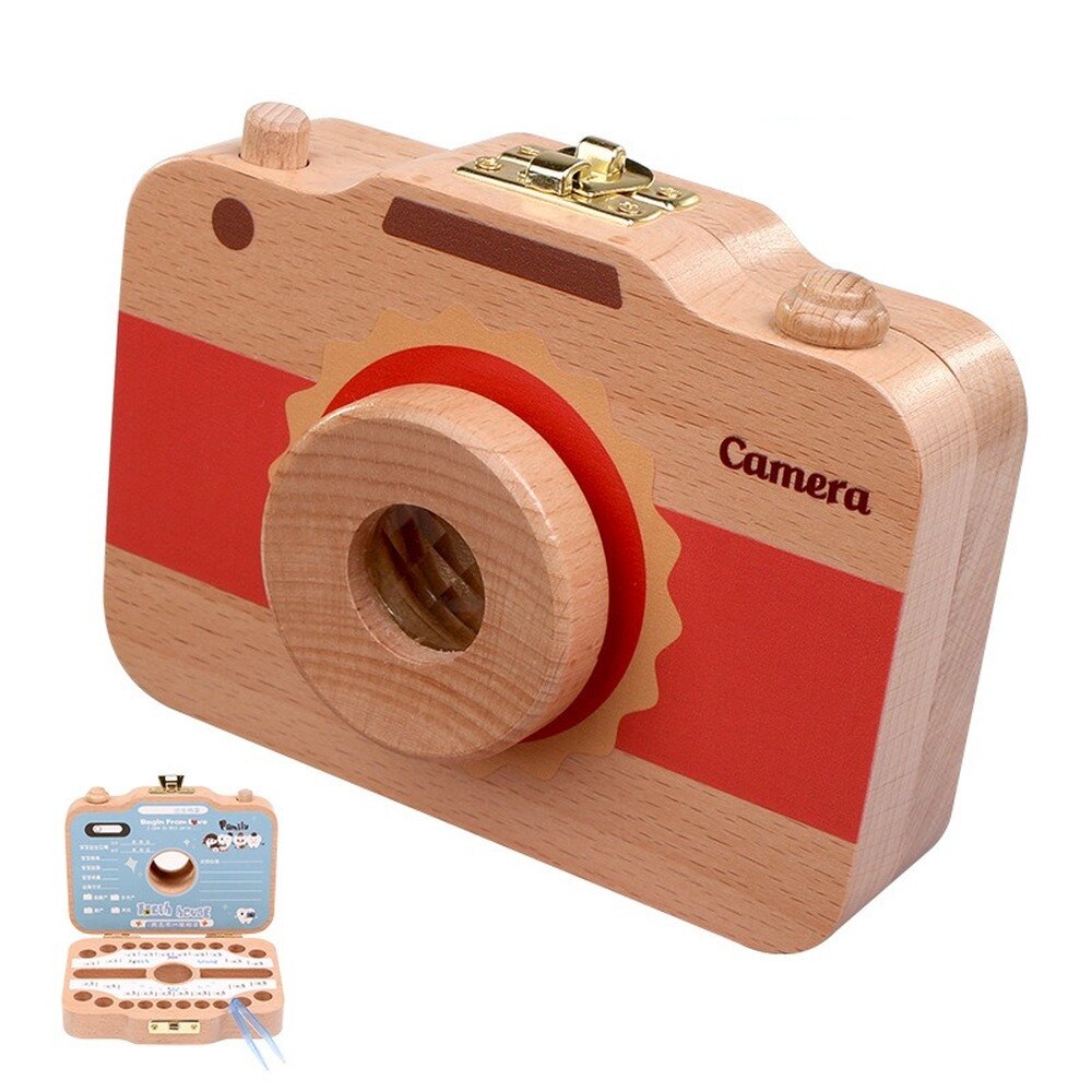 Wooden Baby Teeth Box Baby Tooth Keepsake Box Camera Shaped Wooden Container Storage Teeth Kids Tandendoosje Caja Dient: Red Sun English