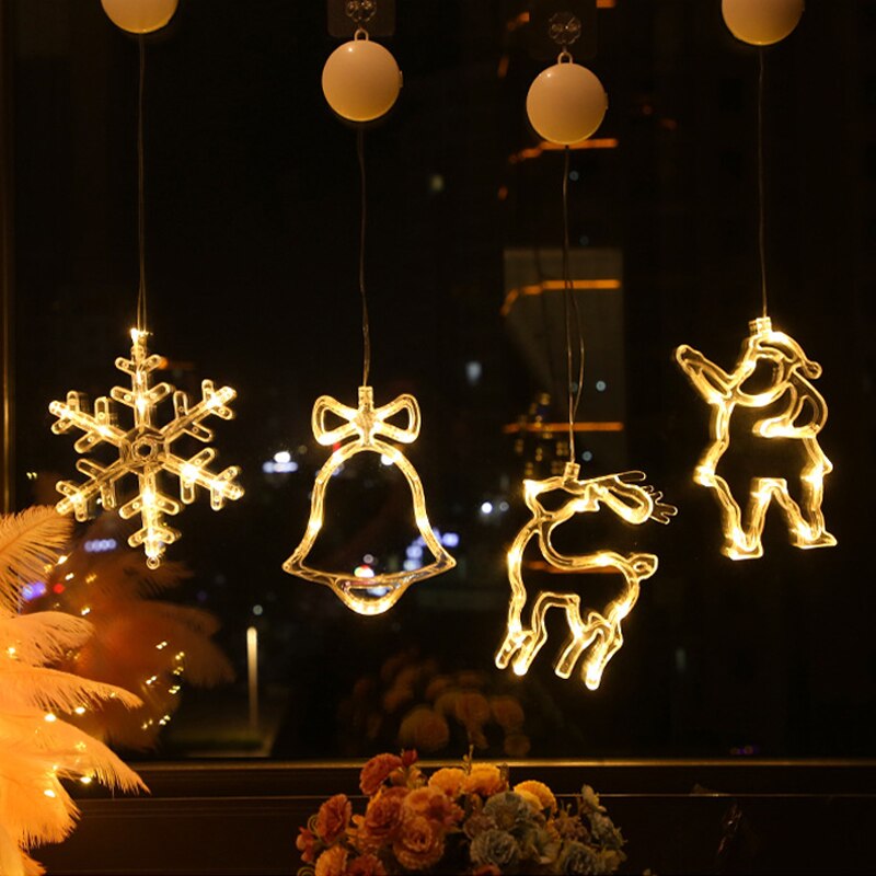 Kerst Window Sucker Lamp Xmas Decoraties Led Licht Elanden Sneeuwvlok Kerstman Bells Boom Voor Home Verlichting