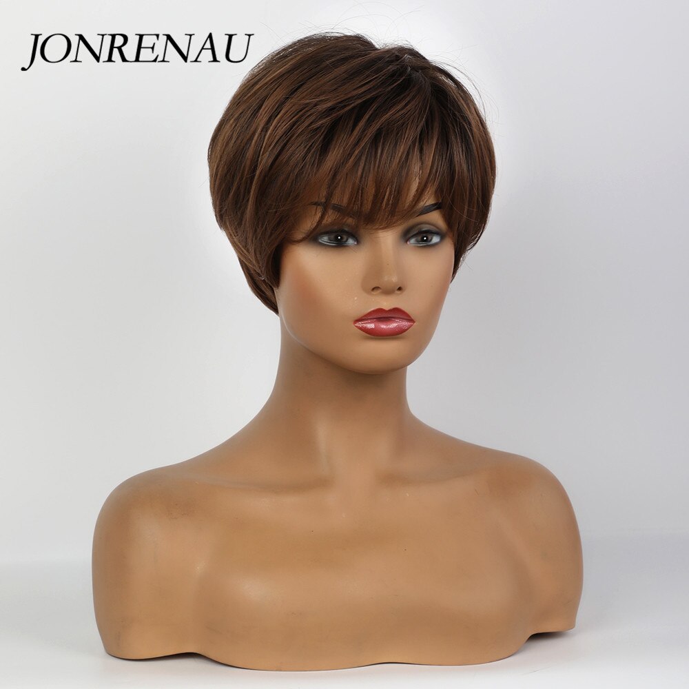 Jonrenau 8 tommer syntetisk kort lige paryk lys blonde brune parykker med pandehår pixie cut parykker til hvide sorte kvinder
