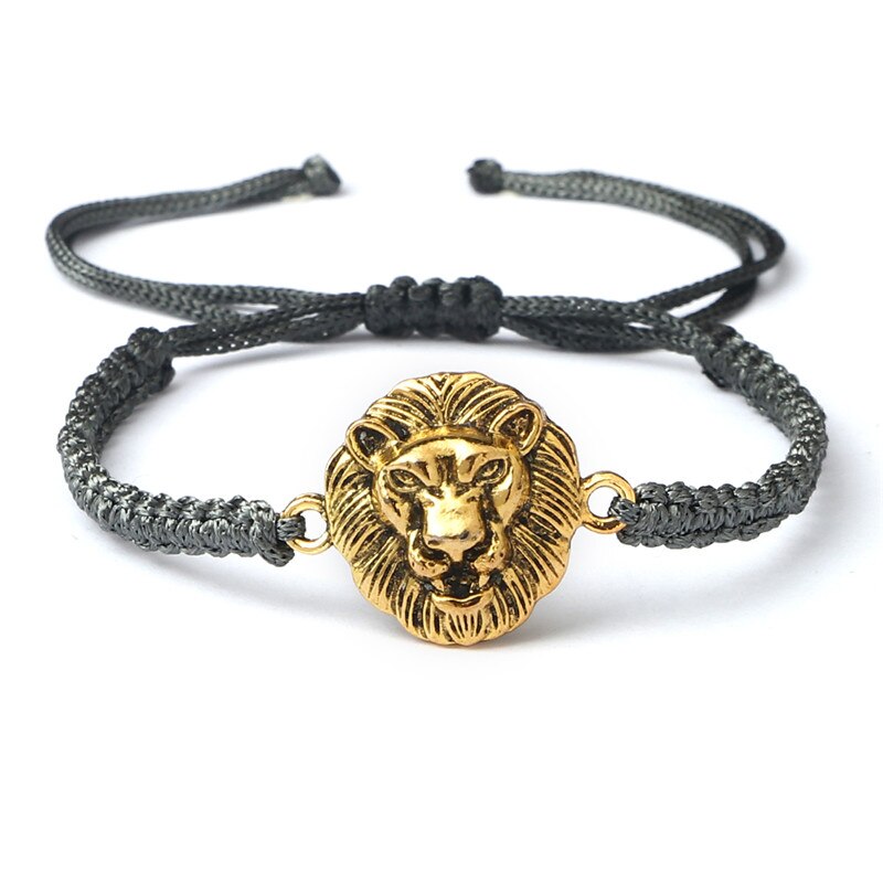 Vintage Leeuwenkop Bedelarmband Handgemaakte Geweven Rood Zwart Knopen Touw Verstelbare Armbanden En Armbanden Voor Vrouwen Mannen Paar Sieraden: Grey and gold