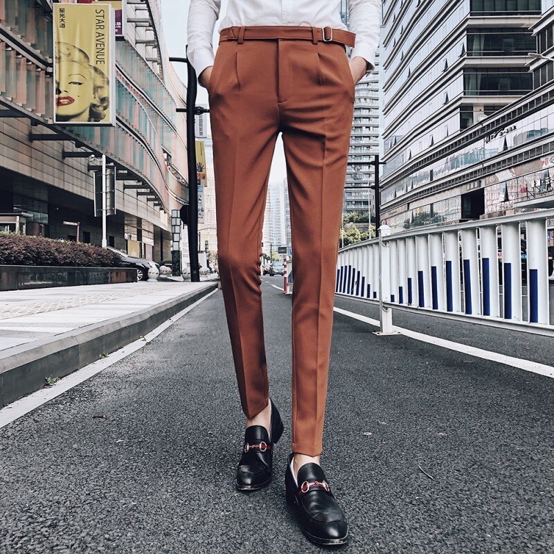Icpans herre brune bukser slim fit business jakkesæt bukser herre jakkesæt bukser pantalon homme kostume mandlige højkvalitets solid