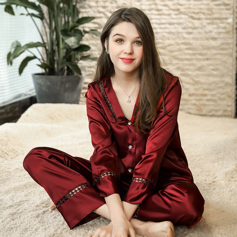 ChunShang Ice Silk Homewear Ladies Summer Thin Casual And Comfortable V-Neck Long-Sleeved Pajamas Two-Piece Suit