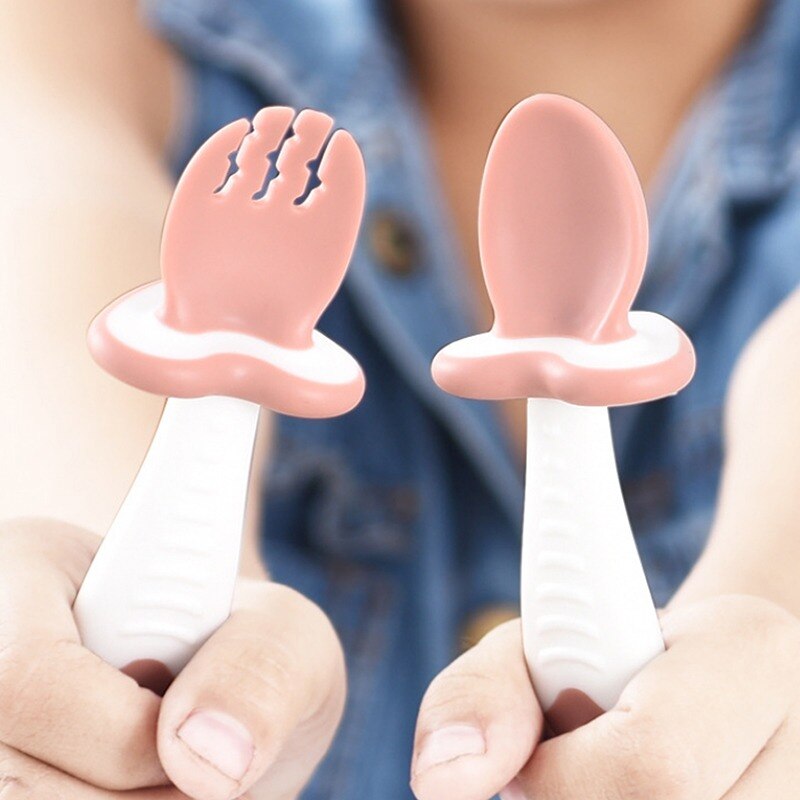 Cuchara y tenedor de cabeza suave para entrenamiento de bebé, juego de tenedor cuchara sin BPA