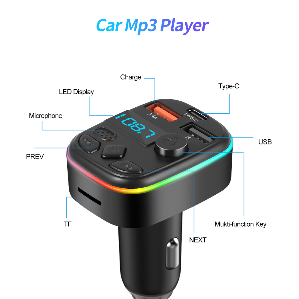 Auto Bluetooth 5.0 Fm-zender Handsfree Carkit Met PD 20W Type-C Dual USB 3.4A Snelle oplader Omgevingslicht Sigarettenaansteker