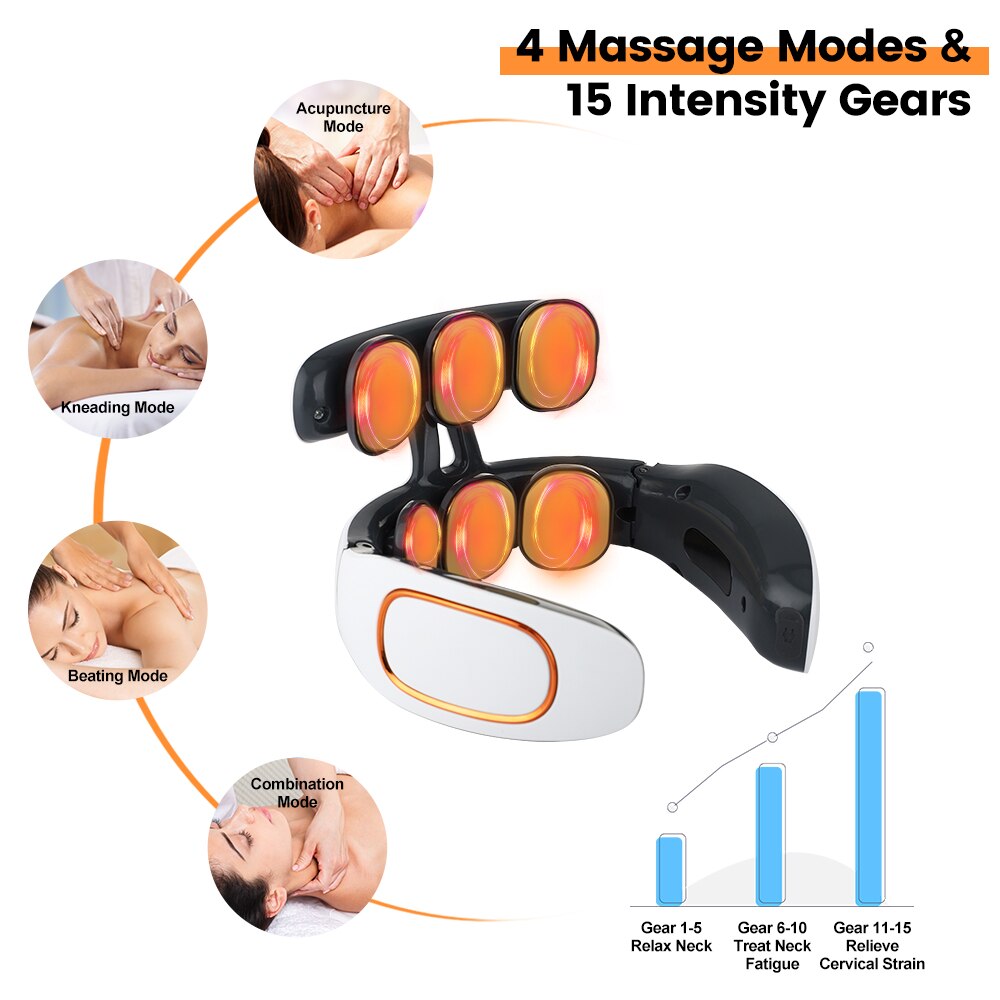 Machine de massage avec principe d&#39;impulsion électrique, sans fil,masseur intelligent à technologie TENS, chaleur sur vertèbre cervicale, relaxation et pétrissage du cou et du dos, pour soulager la douleur, 6 têtes,