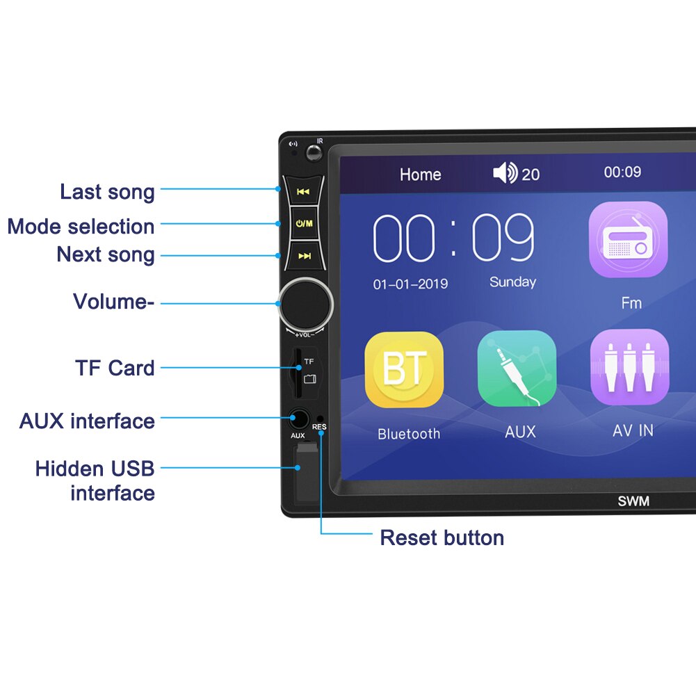 Reproductor MP5 de 7 pulgadas para coche, Radio estéreo con Bluetooth, USB, AUX, FM, Pantalla remota táctil, Control, FKU66