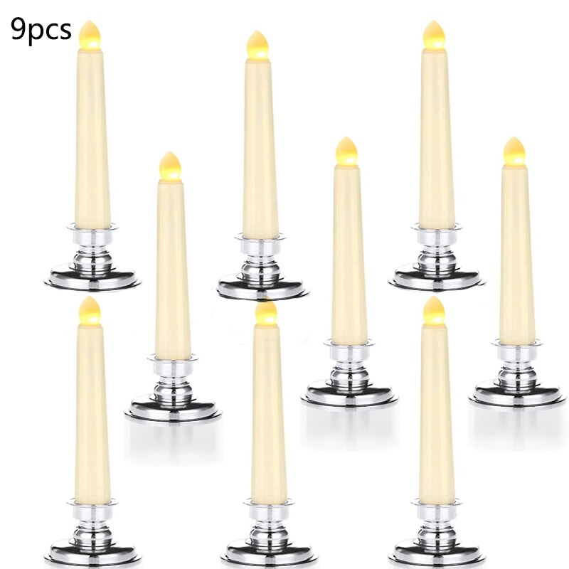 LED fenêtre bougie lumières à piles sans flamme bougies coniques avec Bases veilleuse pour fête mariage saint valentin maison déco: 9pcs Sliver Base