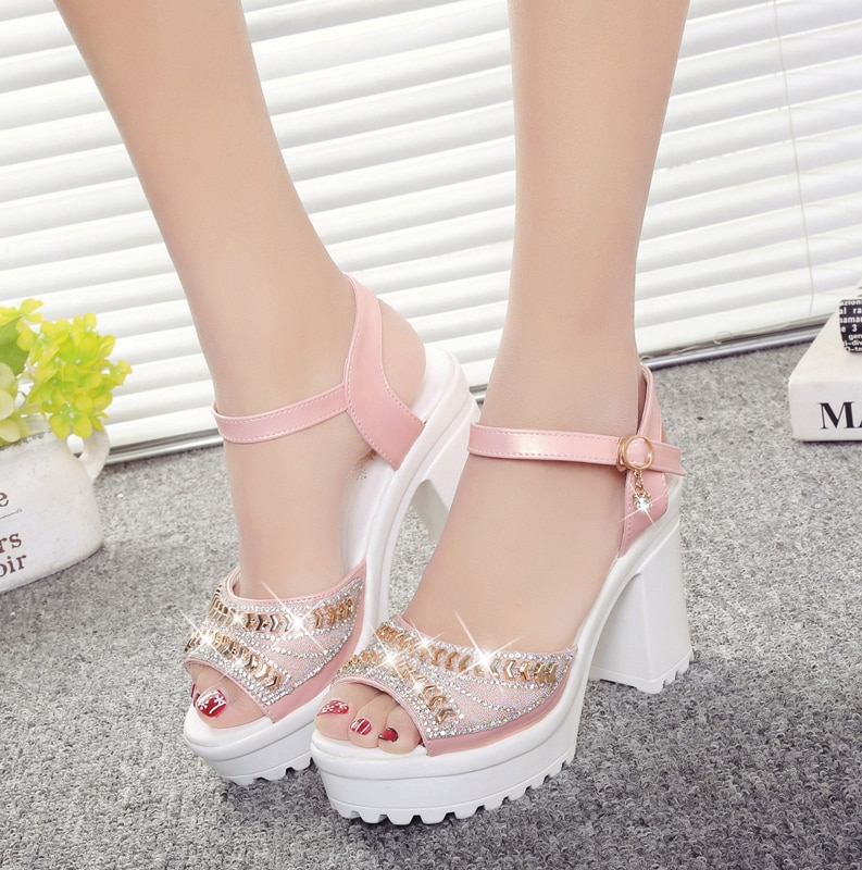 sommer neue strass fisch mund schuhe dicken boden schwamm kuchen wasserdichte plattform hoch Hacke dick mit sandalen frauen