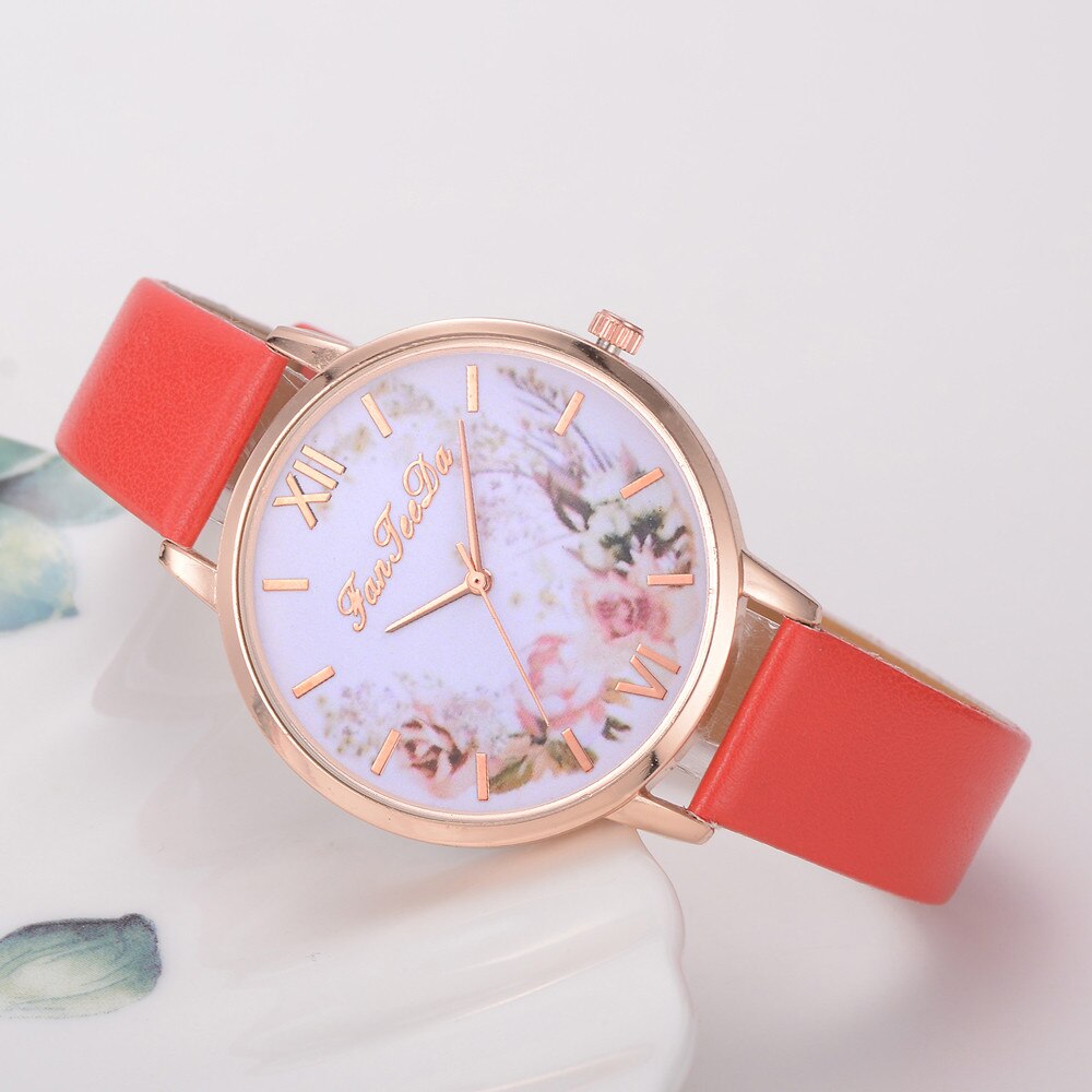 Dames Horloges Vrouwen Gedrukt Bloem Polshorloge Luxe Casual Quartz Lederen Polshorloge Mode Vrouwelijke Jurk Klok: Rood