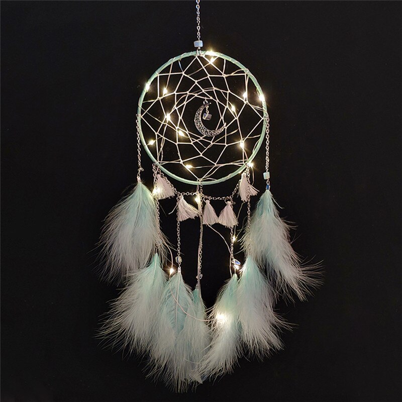 1 Pc Dream Catcher Led Handgemaakte Veren Nachtlampje Opknoping Thuis Kamer Decoratie Baby Muur Decor Voor Baby Bed Bumper decoratie: green with light