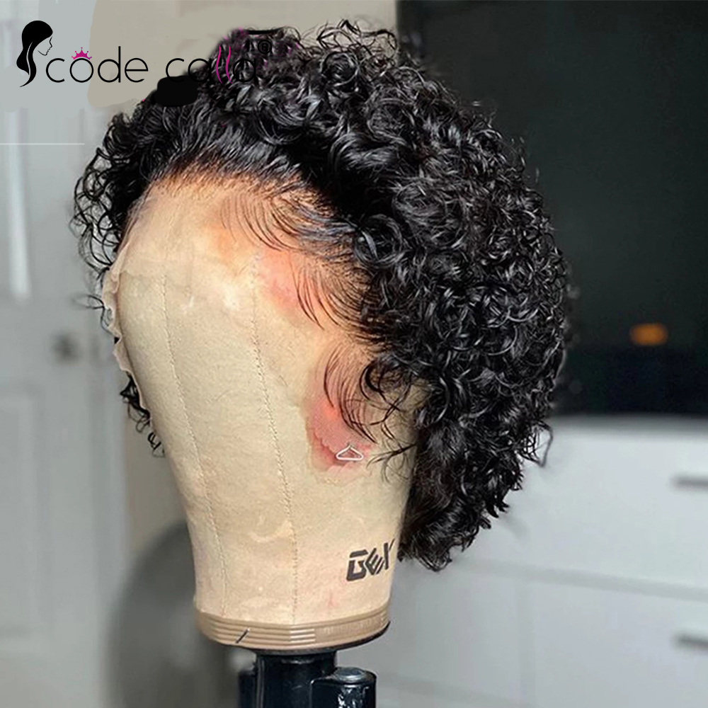 Peluca de cabello humano rizado para mujeres negras, Pelo Corto con corte Pixie, corte Bob, encaje frontal, 180 de densidad, 13x1, brasileño