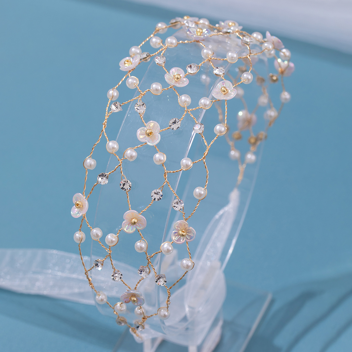 Diadema de perlas, diademas de red de cadena suave para novia, accesorios para el cabello de boda, tocado con cuentas de , joyería Noiva para mujer: PLATEADO
