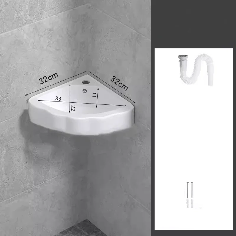 32/33/37cm Small Apartment Bathroom Sink Wall-mounted Ceramic Washbasin Balcony Washroom Corner Hanging Basin with Faucet Set: WHITE