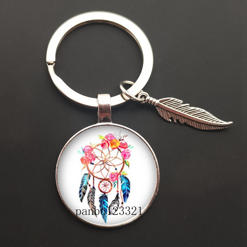 Dream Catcher Tone Key Chain Dream Catcher Feather Round Glass Convex Photo Keychain: black