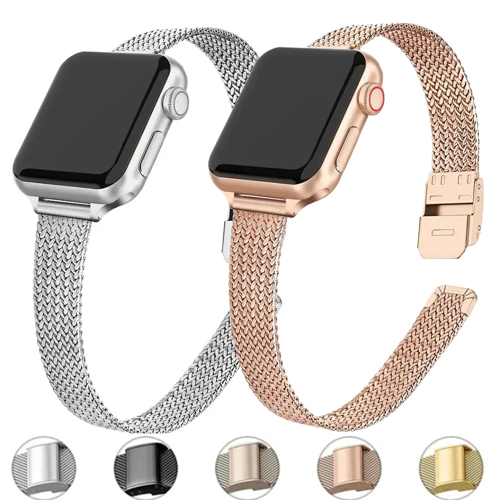 Slanke armband metalen band voor Apple Watch 9 8 7 6 SE 5 4 3 41 45 49MM Ultra roestvrijstalen Milanese band voor iwatch 10 42 46MM