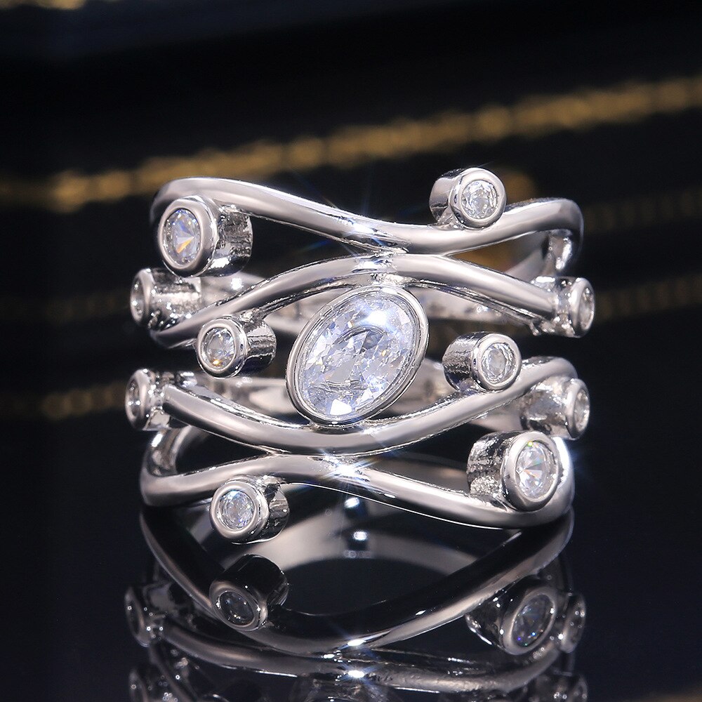 Luxo feminino anel de pedra de cristal branco clássico cor prata casamento grandes anéis para as mulheres na moda oco geométrico anel de noivado