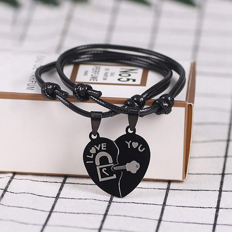 Couple Bracelets for Women and Men Heart Black Stainless Steel Key Lock Two Halves Paired Bracelet Jewelry 2PCs/set: Default Title