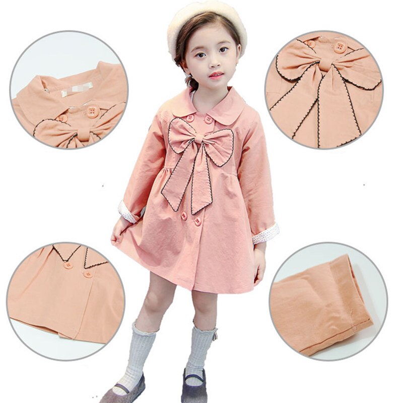 Children's Spring Autumn Kids Trench Coat With Bow Baby Girl Long Sleeve Double-Breasted Coat Girls Outerwear 2 3 4 5 6 Year Old