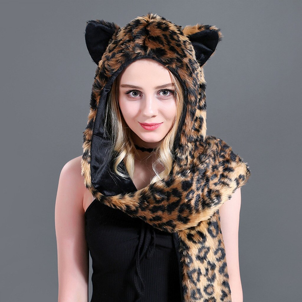 Women Faux Fur Hood Animal Hat Ear Flaps Hand Pockets Set Animal Hood Hat Wolf Plush Warm Animal Cap with Scarf Gloves