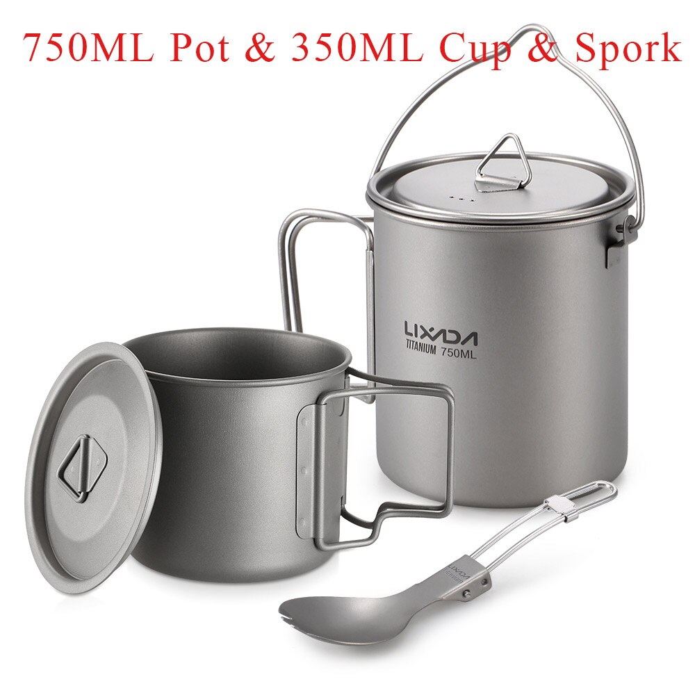1100ml / 1600ml titanium pot pan sæt vand kop krus titanium cup hang pot super letvægts camping køkkengrej sæt foldehåndtag: Blå