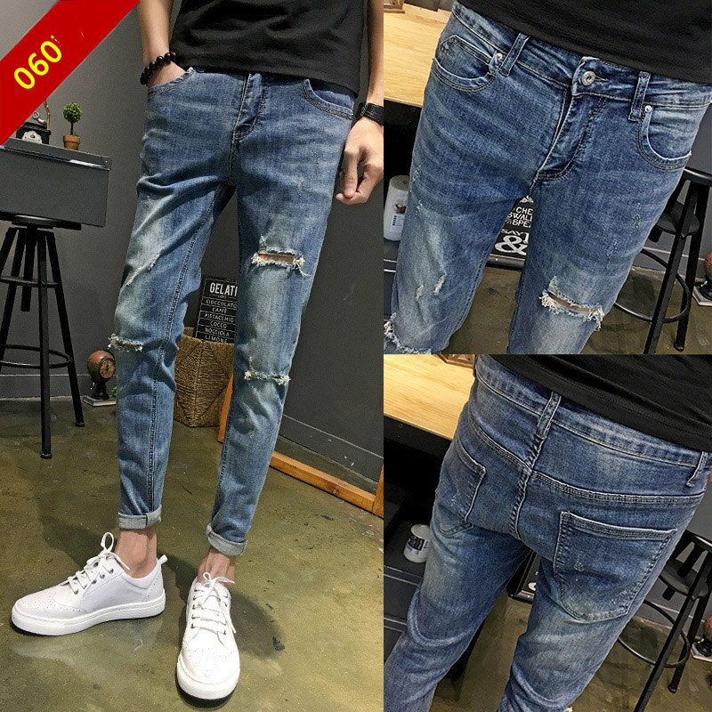 Jeans mandlige revet hul forår efterår ankel længde bukser teenagere koreanske slanke fødder skinny jeans mænd blyant bukser
