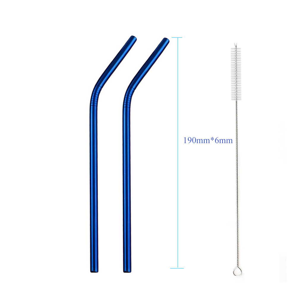 Jankng 2 stuks kleurrijke blauwe rietjes 304 roestvrijstalen rietjes 16/19/21/23/26cm drinkrietjes herbruikbare gebogen metalen rietjes met borstel: 190 x 6 gebogen
