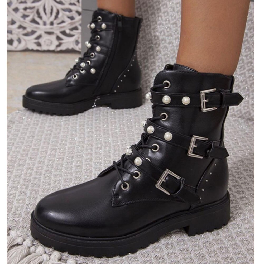 BONJOMARISA INS Pearl Buckle Low Heel Ankle Boots – Grandado