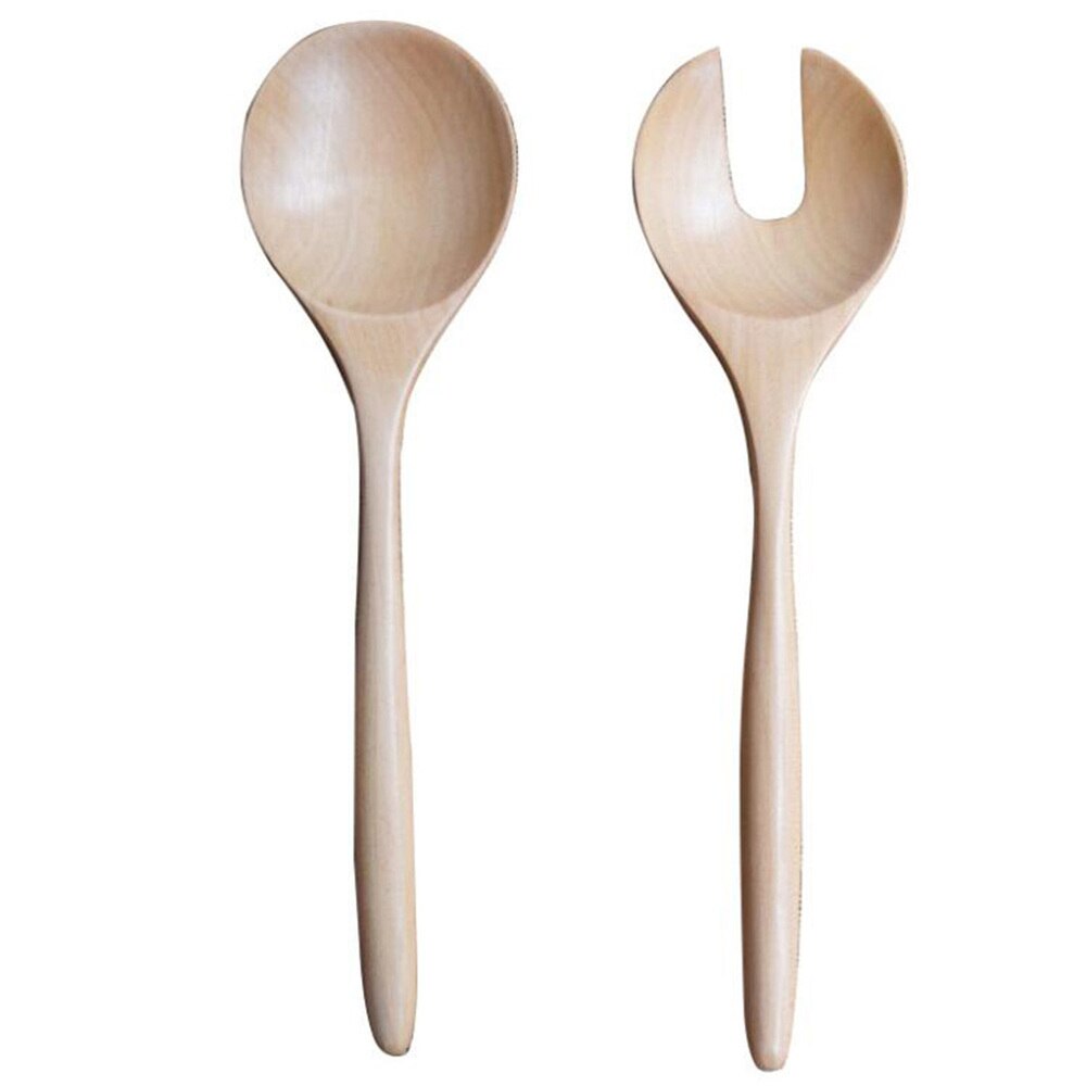 1 Set 2pcs Salad Spoon Round Wood Spoon and Fork Salad Servers Wood Color