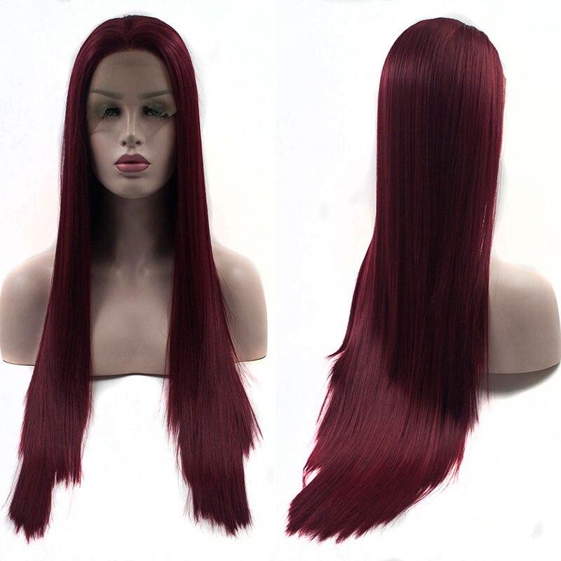 Peluca de encaje frontal de 13*3 DE Bombshell sintético liso, vino oscuro, Burdeos, pelo de fibra resistente al calor, cabello Natural para mujer