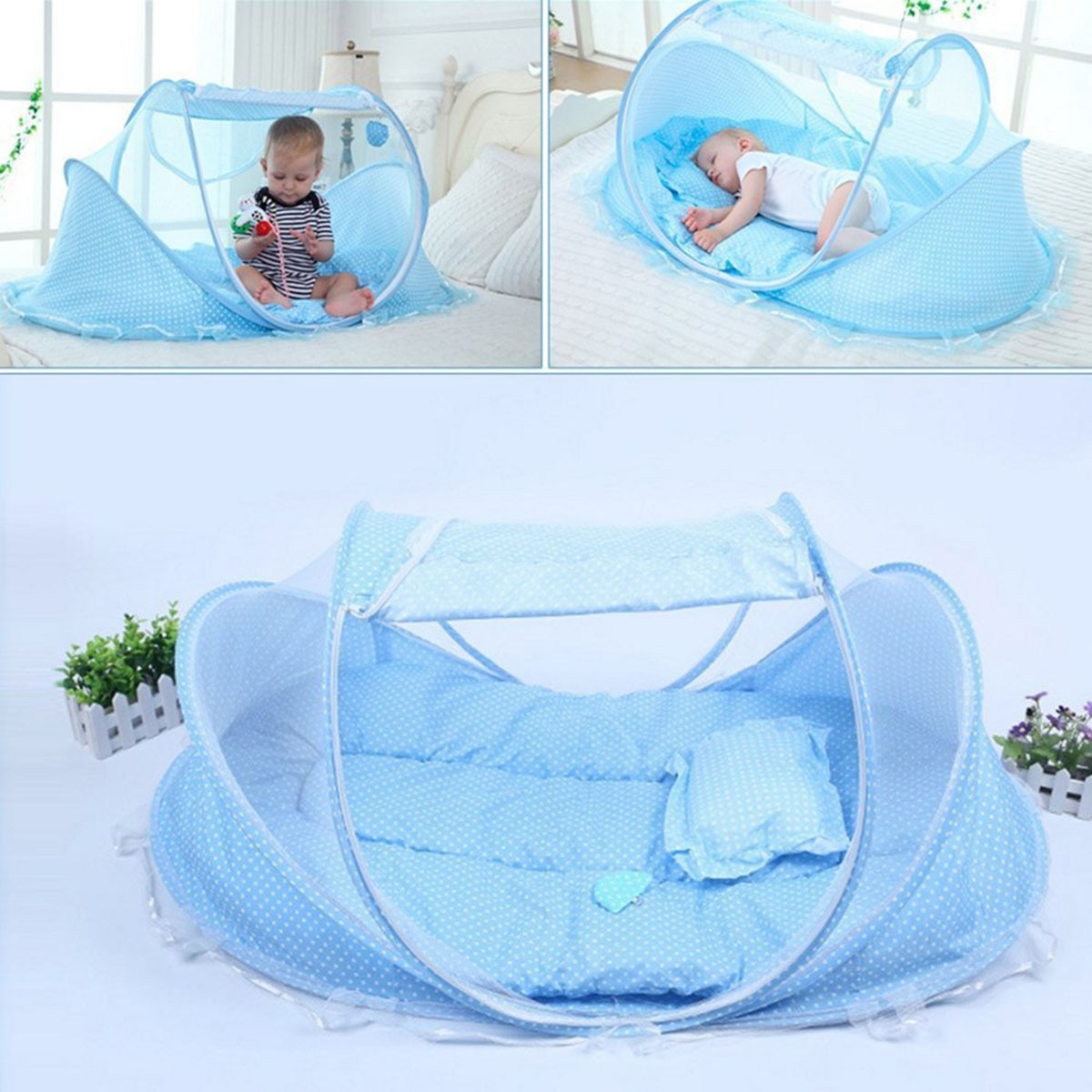 Baby 4pcs Portable Baby Bed Crib Folding Baby Mosquito Net Summer Infants Insect Netting Cushion Mattress Baby Mosquito