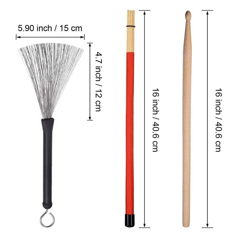 Juego de palos de tambor, varillas de tambor de madera de arce, cepillos de alambre de tambor retráctiles, cepillo de palos de tambor, varillas de tambor