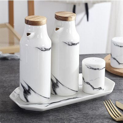 Marmor keramisk olje eddik saus gryte dispenser soya flaske porselen sesong pepper krydder krukke kjøkkenverktøy salt og pepper shaker: 5 stk